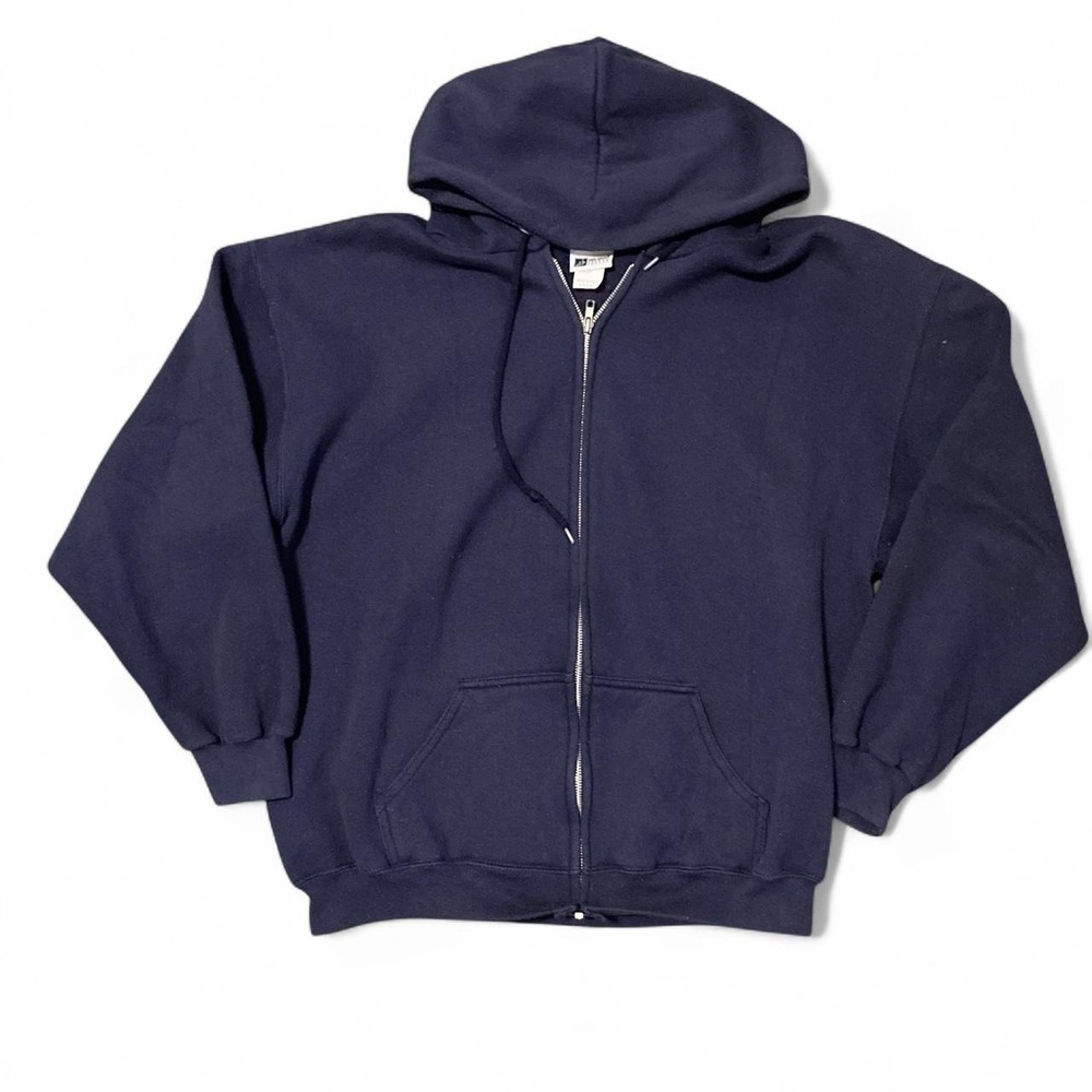 Vintage 80s/90s pro spirit full zip navy blue fleece hoodie faded USA XL/25.5